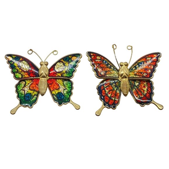 Vtg Monarch Butterfly Enamel Brooch Pin Glittery Multicolor Gold Tone Set of 2 - Picture 1 of 7